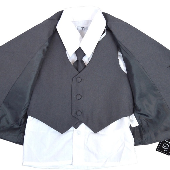 TIP TOP Kids Charcoal Grey 2 Button Tuxedo Jacket with Shirt & Tie, Size 24M - Picture 1 of 7